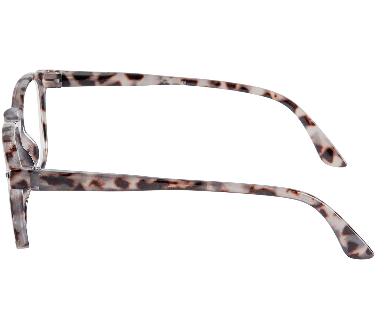 Chicago (Grey Tortoise) retro style, unisex reading glasses with large lenses and grey tortoiseshell frames. Side view.