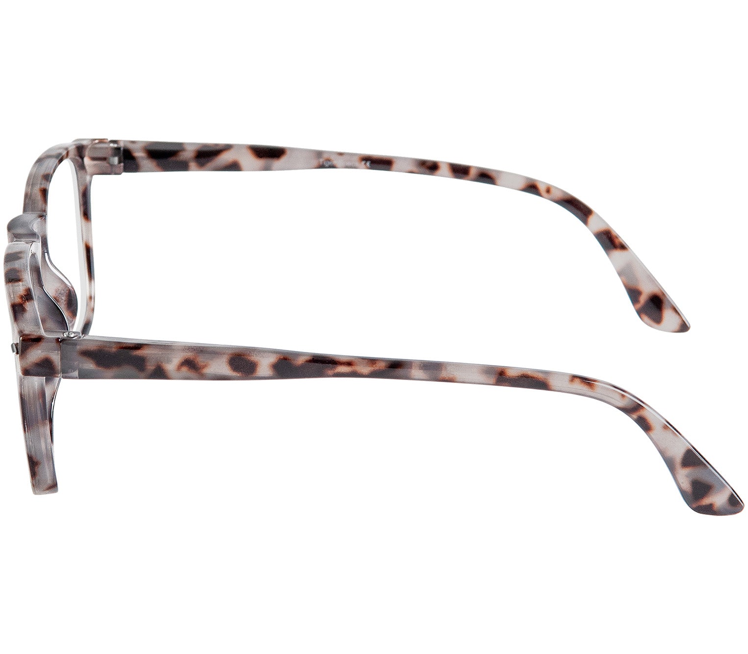 Chicago (Grey Tortoise) retro style, unisex reading glasses with large lenses and grey tortoiseshell frames. Side view.