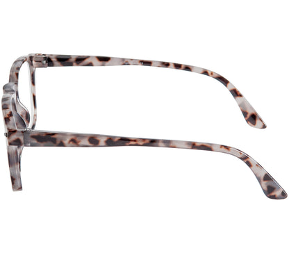 Chicago (Grey Tortoise) retro style, unisex reading glasses with large lenses and grey tortoiseshell frames. Side view.