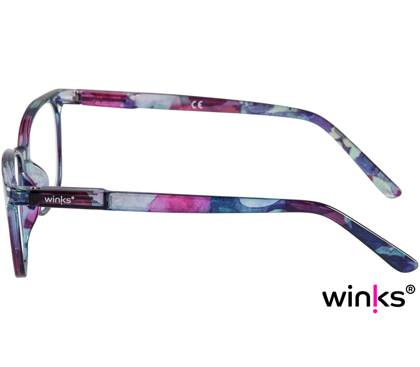Artist Bifocal (Multi-coloured) unisex reading glasses with multicoloured, floral frames. Oval, bifocal lenses. Side view.
