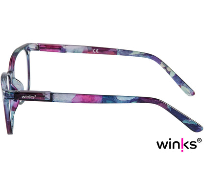 Artist Bifocal (Multi-coloured) unisex reading glasses with multicoloured, floral frames. Oval, bifocal lenses. Side view.