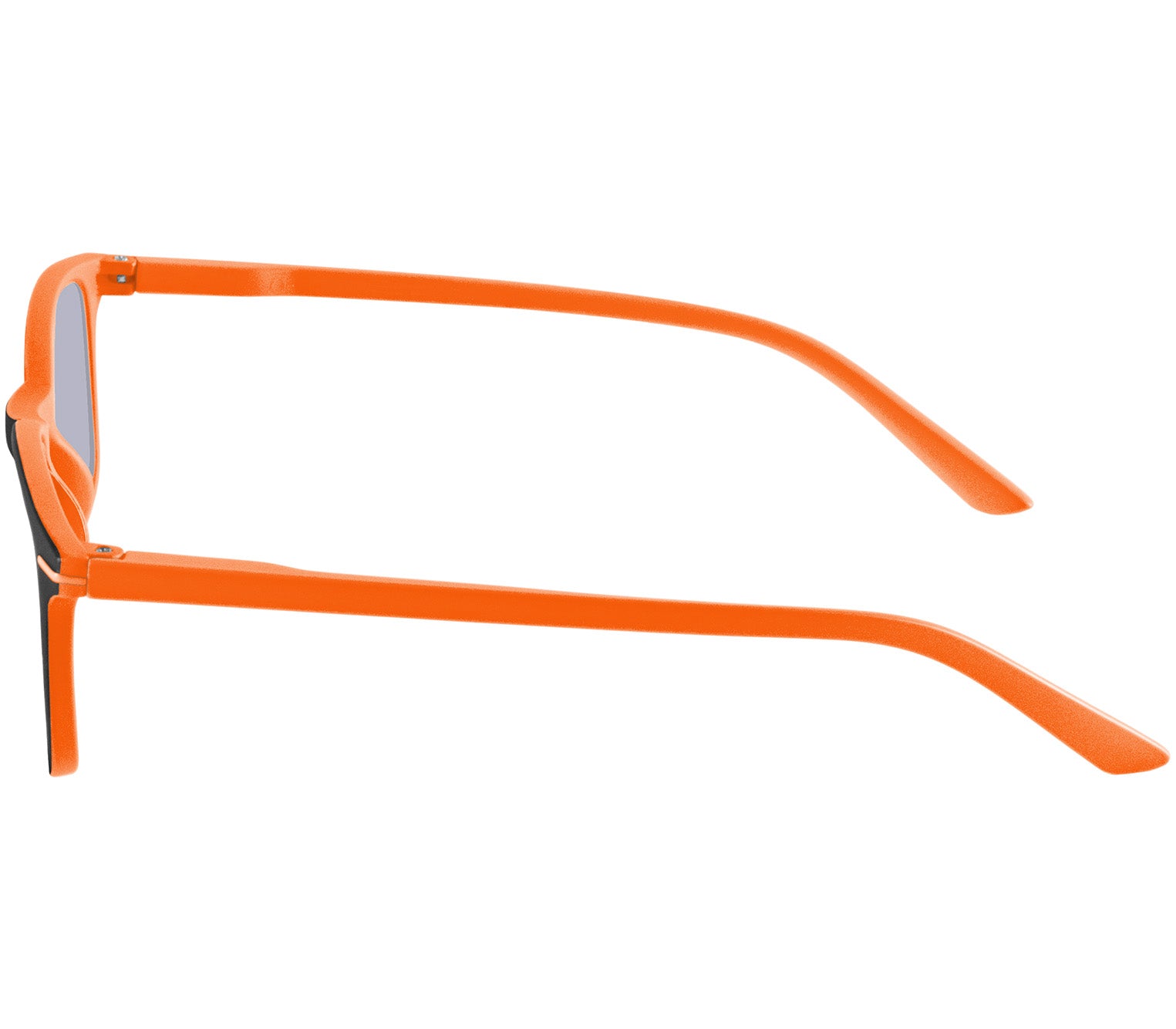 Esprit (Orange) sunglasses with two tone orange and black frames and temples. Classic shaped lenses with a smoke grey tint. Side view.