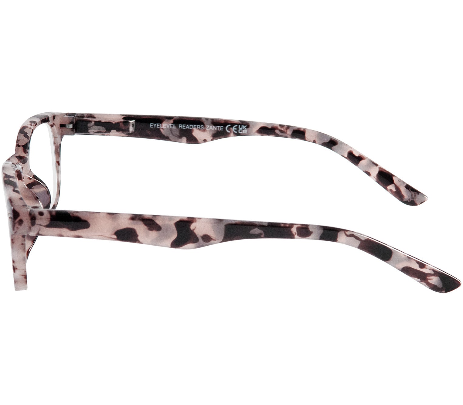 Zante (Tortoiseshell) classic shaped unisex reading glasses with a grey tortoiseshell pattern and rivet detailing. Side view.