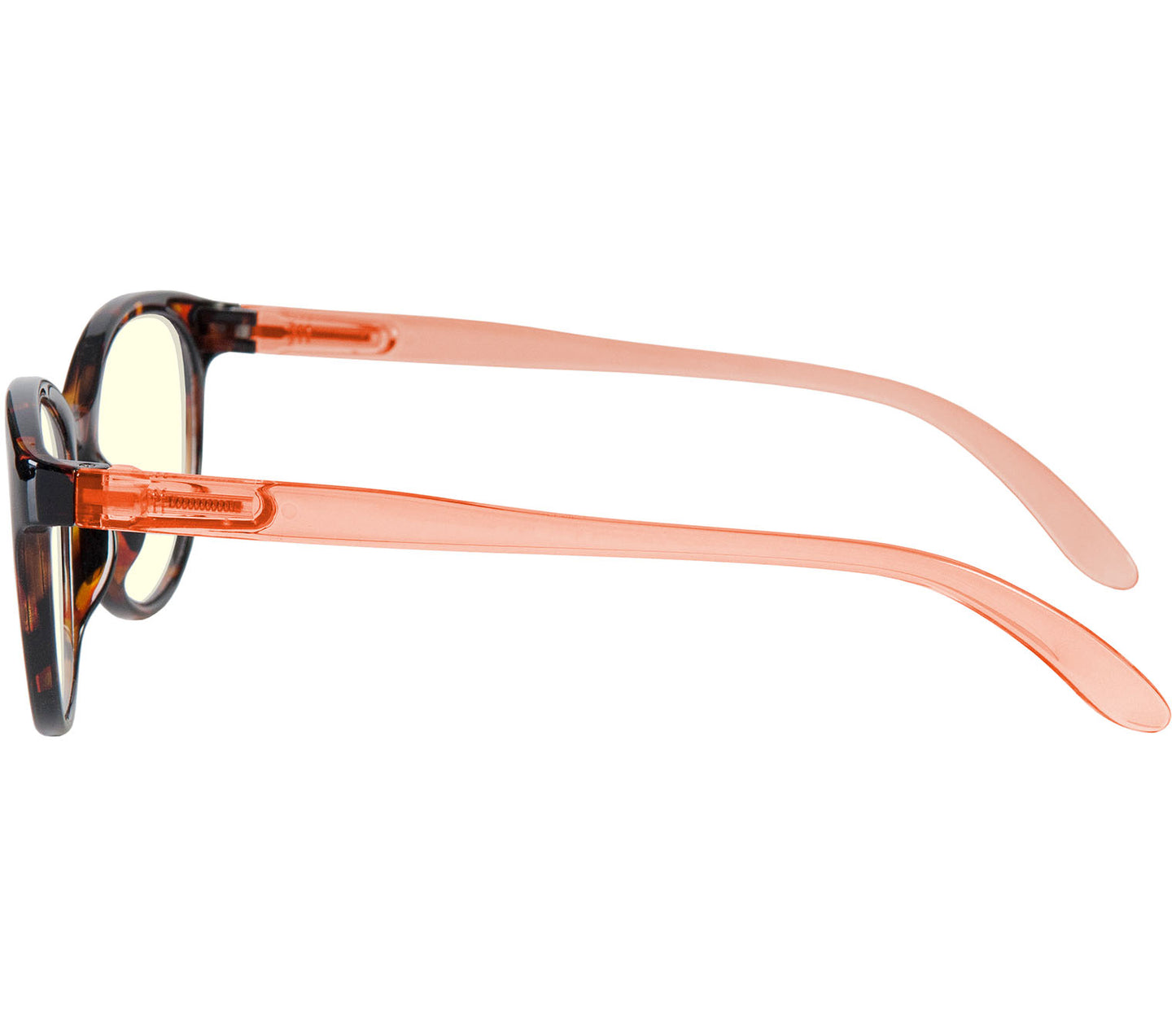 Lala Digital (Orange) cat eye shaped, women's reading glasses with a two tone tortoiseshell and orange frame and blue light lenses. Side view.
