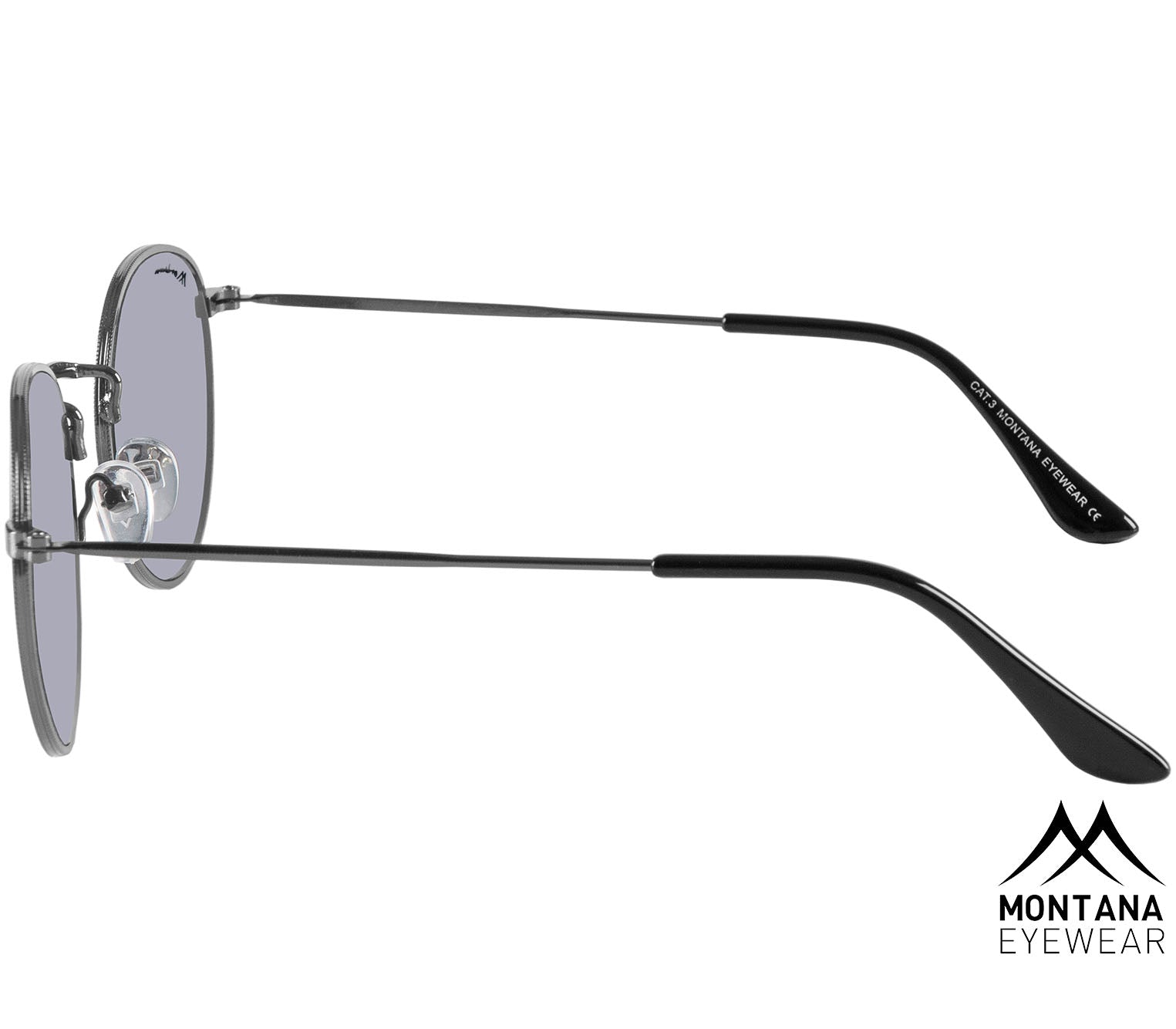 Antigua (Gunmetal) retro style sunglasses. Silver metal frames and slender arms. Side view.