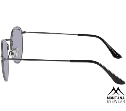 Antigua (Gunmetal) retro style sunglasses. Silver metal frames and slender arms. Side view.