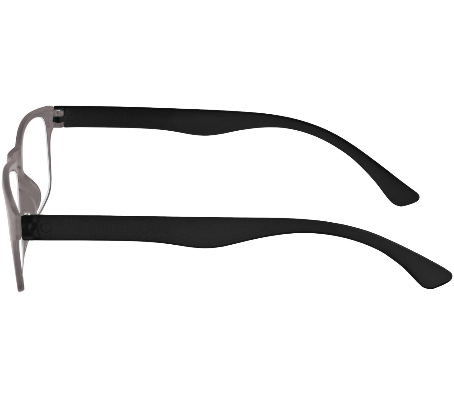 Metro (Grey) classic unisex reading glasses with oval lenses in a two tone grey and black frame. Side view.