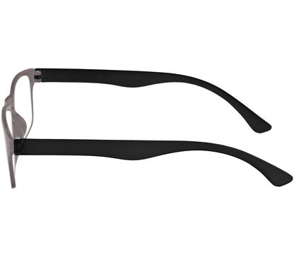 Metro (Grey) classic unisex reading glasses with oval lenses in a two tone grey and black frame. Side view.