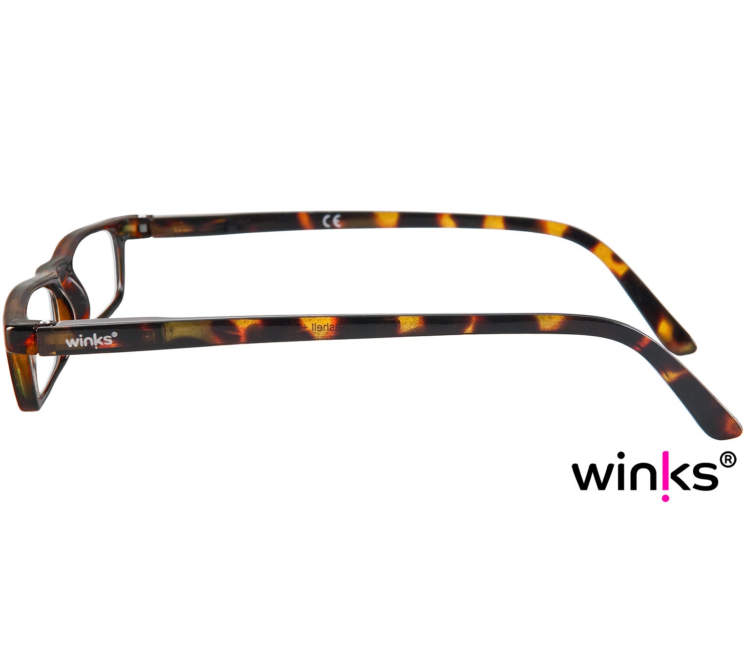 Mylo (Tortoiseshell) classic shape, slim reading glasses with dark tortoiseshell glossy frames. Side view.