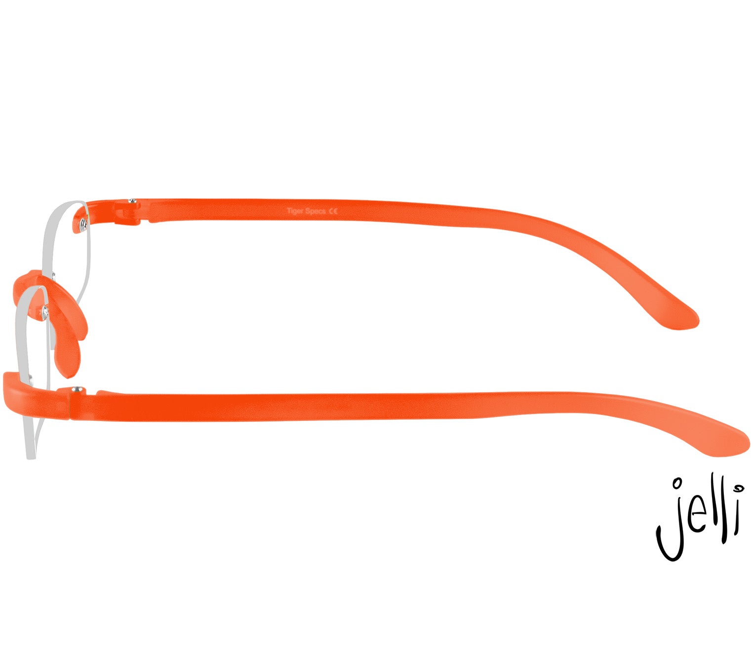 Jelli Neon (Orange) rimless, slim reading glasses with semi-translucent bright orange temples and bridge. Side view.