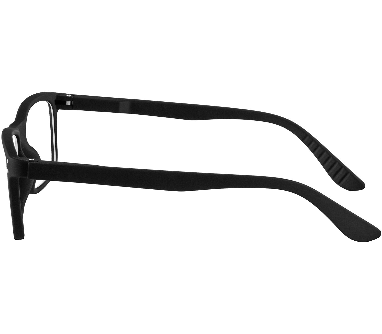 Dexter (Black) classic shape unisex reading glasses with a soft touch matt black frame. Side view.