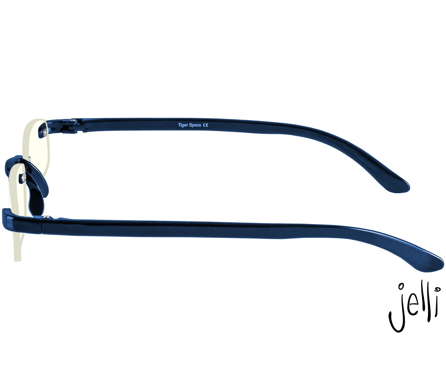 Jelli Digital (Blue) rimless, slim blue light reading glasses with dark blue arms and bridge. Side view.