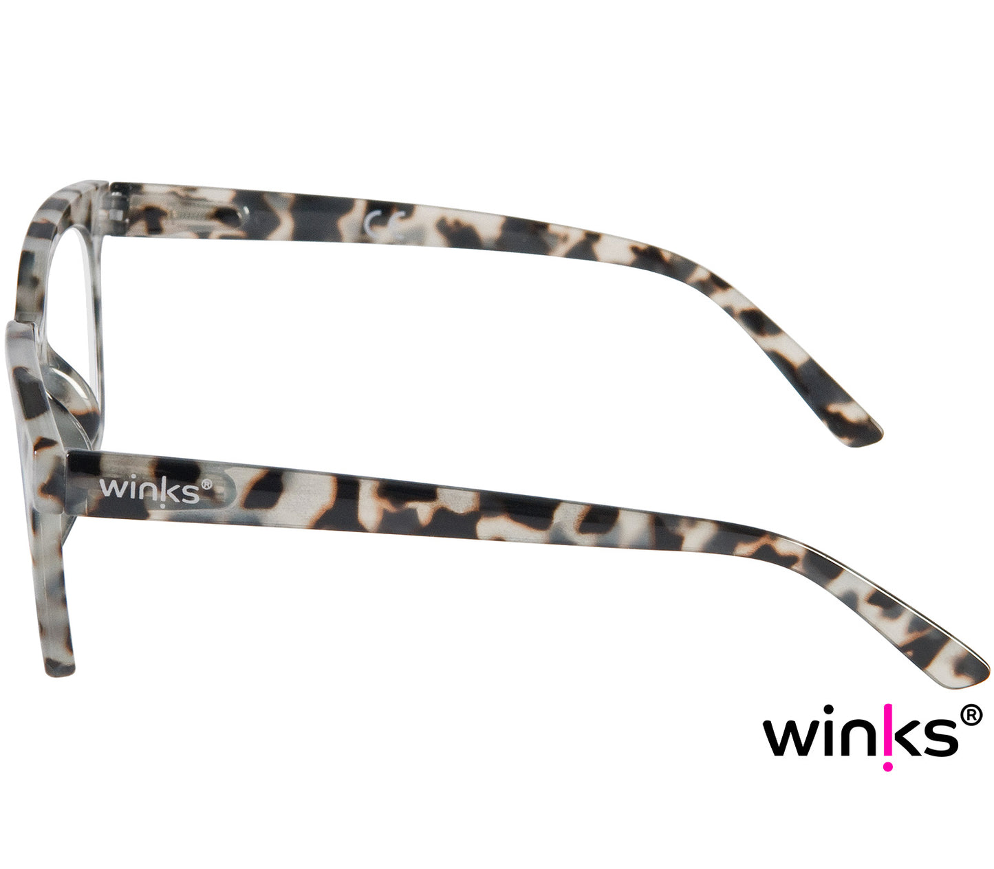 Toast (Grey Tortoise) retro grey tortoiseshell reading glasses with large, oversized lenses and slender temples. Side view.