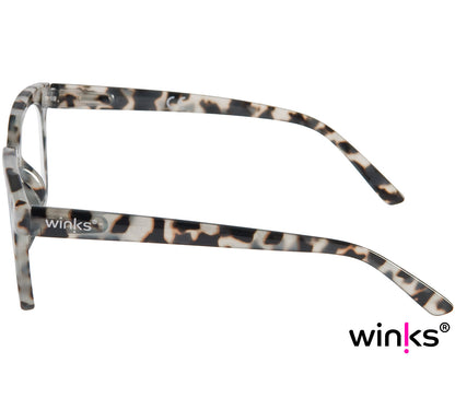Toast (Grey Tortoise) retro grey tortoiseshell reading glasses with large, oversized lenses and slender temples. Side view.