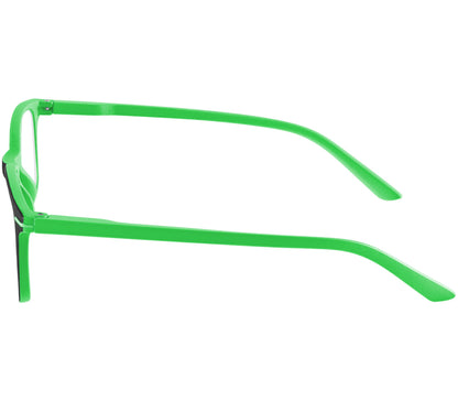 Jazz (Green) classic shape reading glasses with rectangular lenses in a two tone green and black frame. Side view.