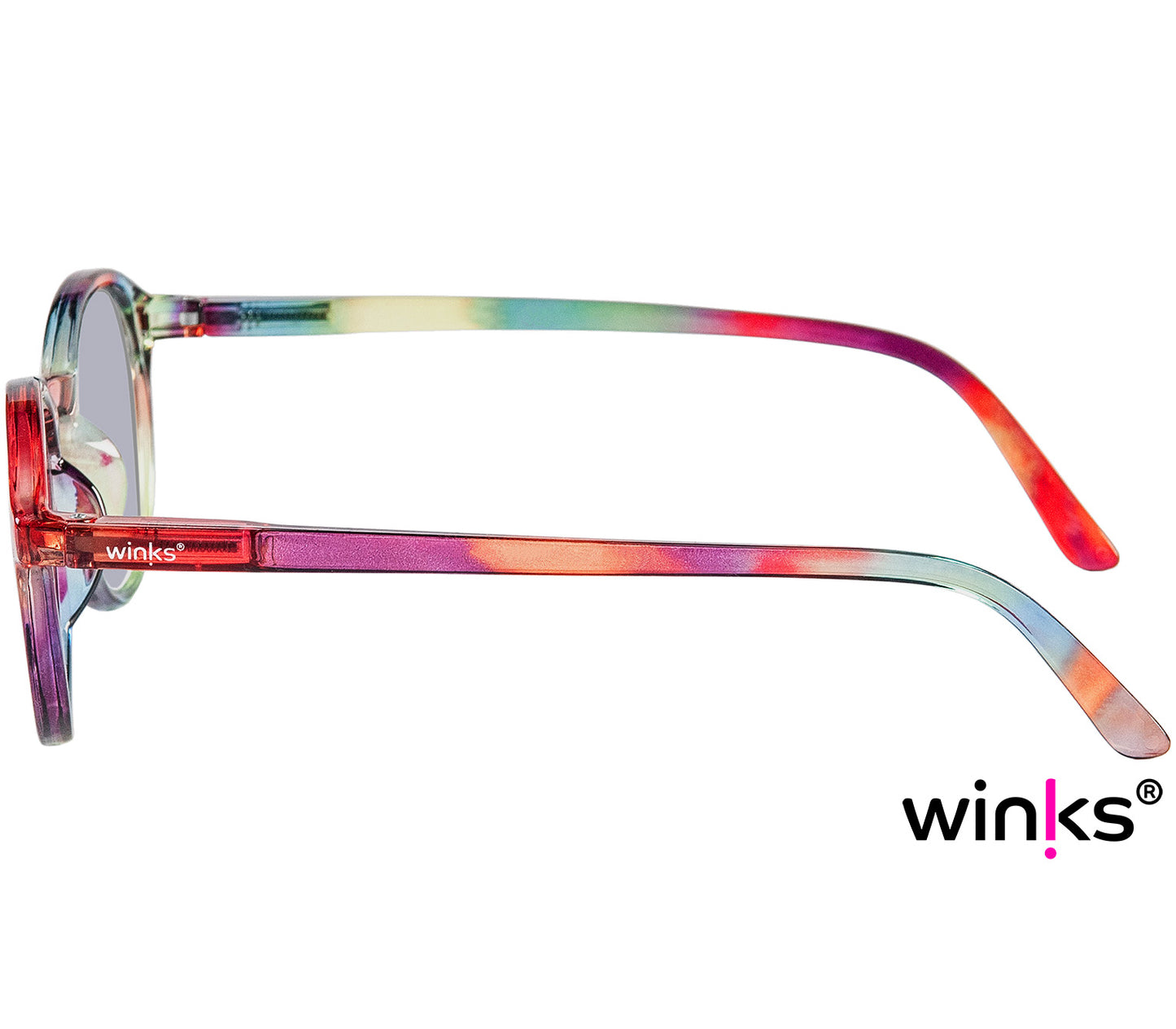 Modena (Multi-coloured) retro style, round lens with fun multi-coloured frame. Side view.