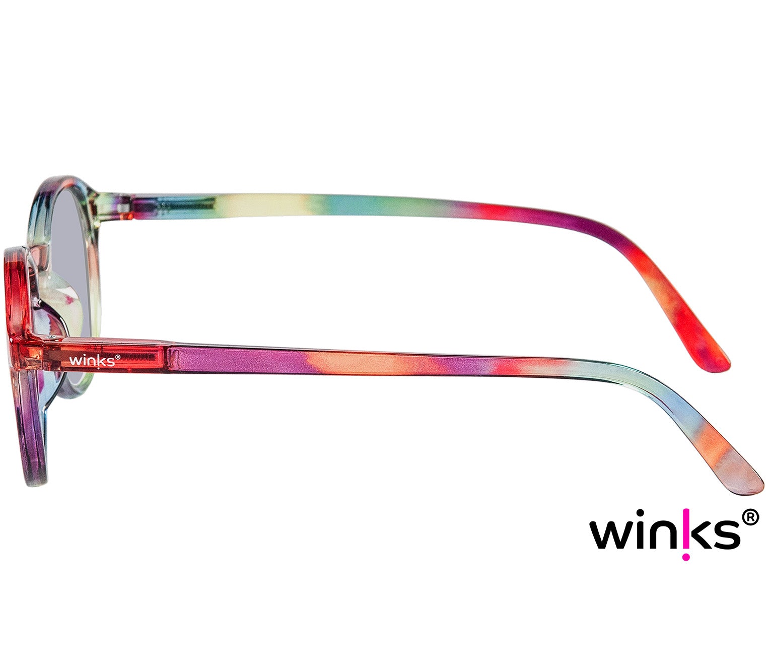 Modena (Multi-coloured) retro style, round lens with fun multi-coloured frame. Side view.