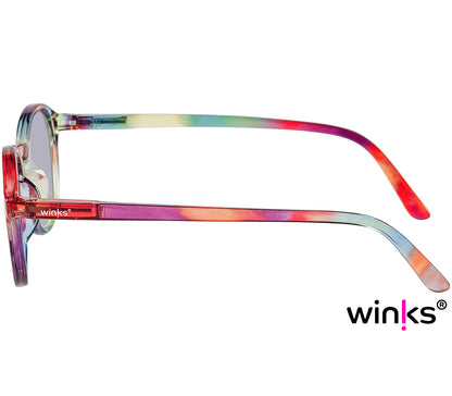 Modena (Multi-coloured) retro style, round lens with fun multi-coloured frame. Side view.