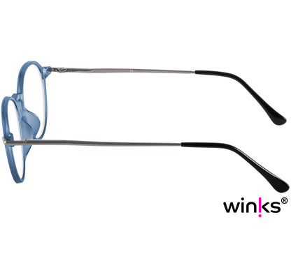 Halifax (Blue) retro unisex reading glasses with light blue frames and metal arms. Side view.