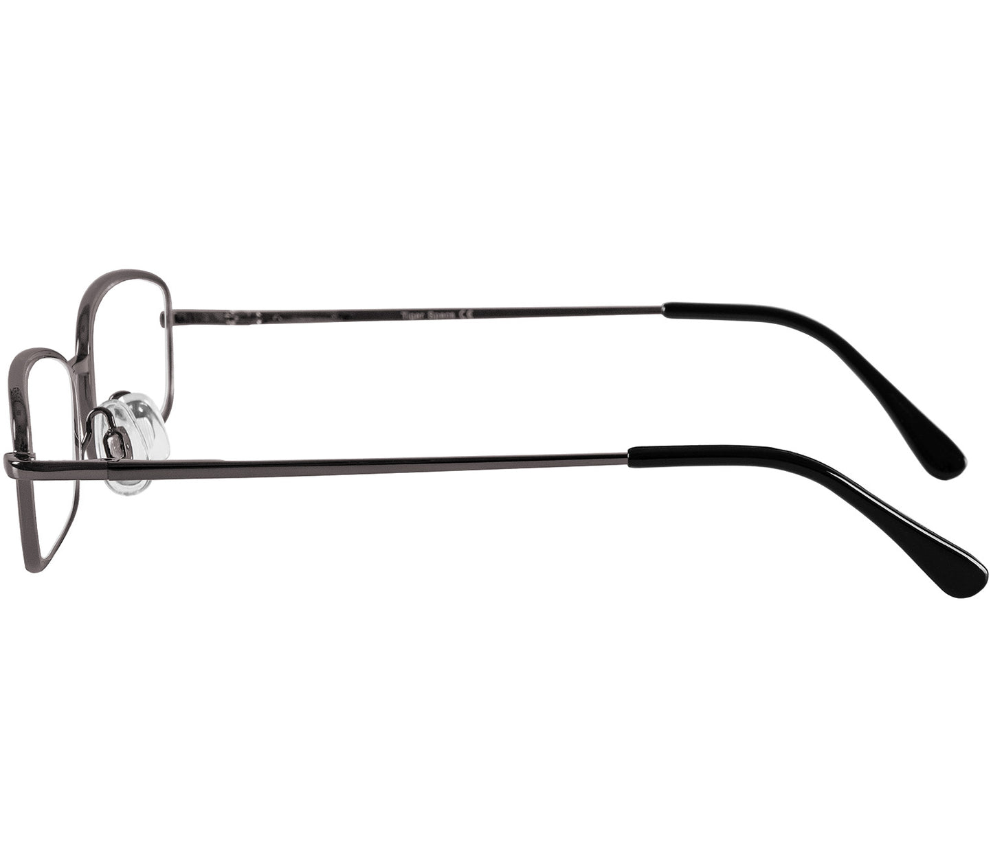 Shuffle (Gunmetal) classic rectangular shape reading glasses. Slender metal frames and adjustable nose pads. Side view.