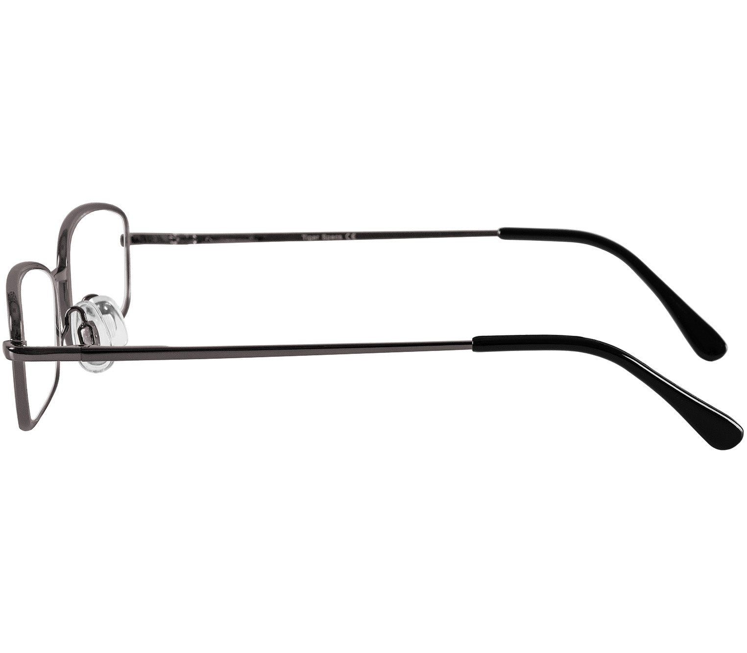 Shuffle (Gunmetal) classic rectangular shape reading glasses. Slender metal frames and adjustable nose pads. Side view.