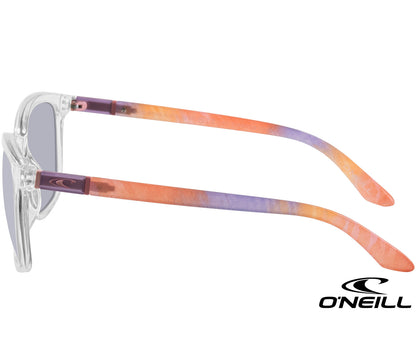 Epic (Clear) wayfarer sunglasses by O'Neill. Clear body, grey tinted lenses and multicoloured striped arms. Side view.