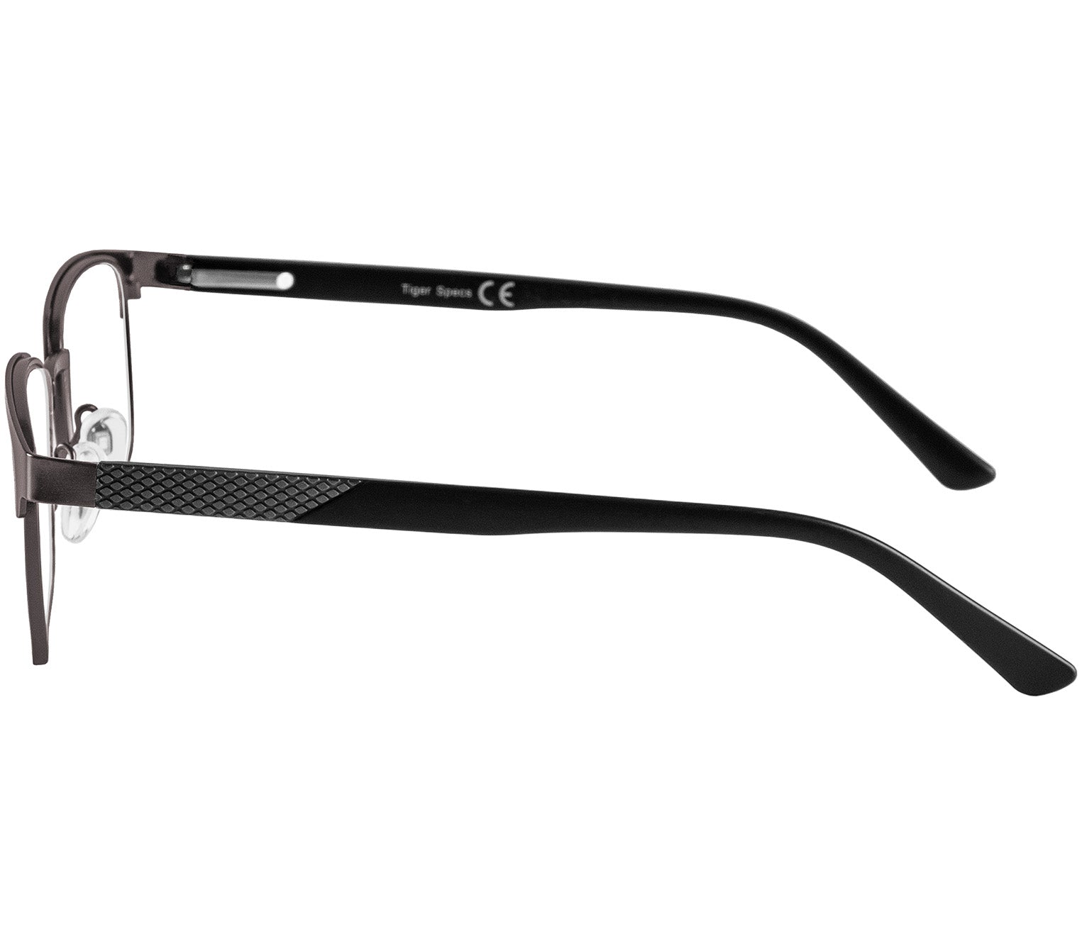 Seattle (Gunmetal) polished gunmetal reading glasses with large rectangular lenses and adjustable nose pads. Side view.