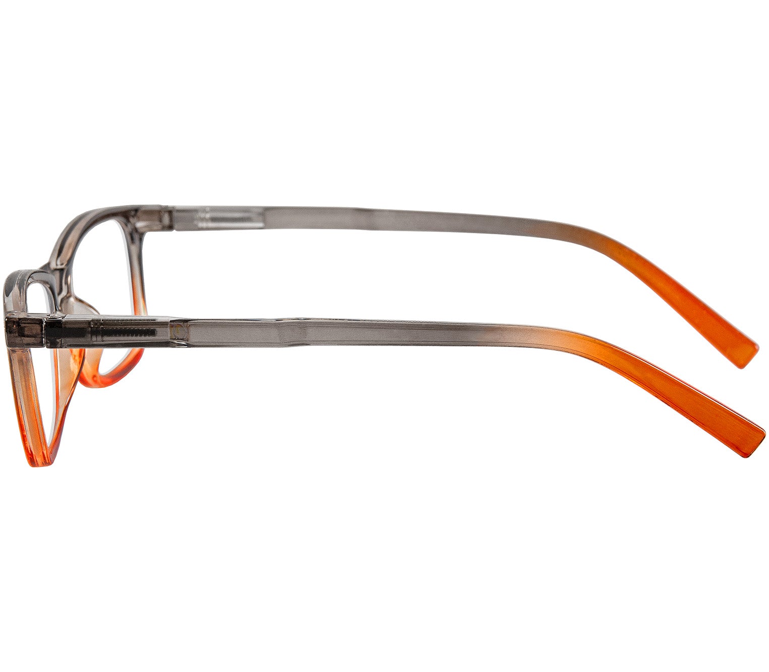 Penguin (Orange) classic vintage style, unisex reading glasses with a two tone orange and grey frame. Side view.