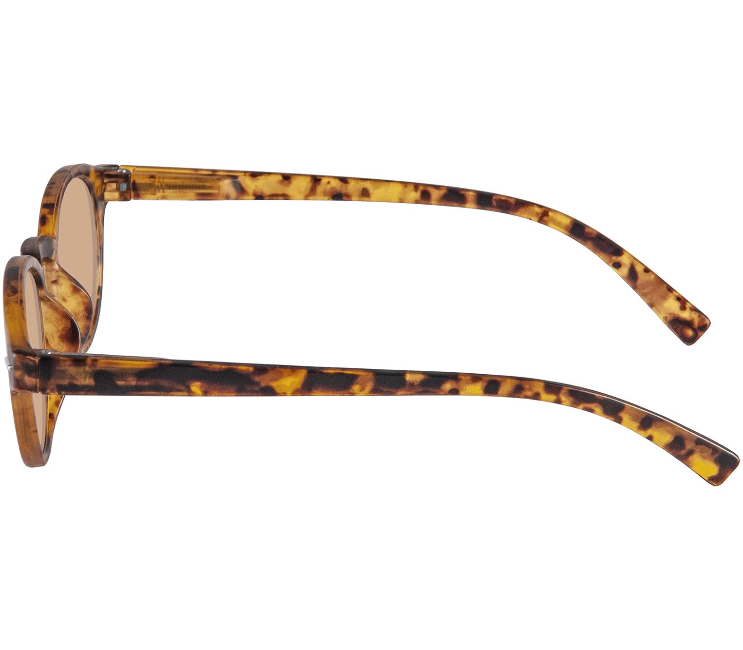 Montpellier (Tortoiseshell) retro style sunglasses in a rich tortoiseshell finish. Round, brown tinted lenses. Side view.