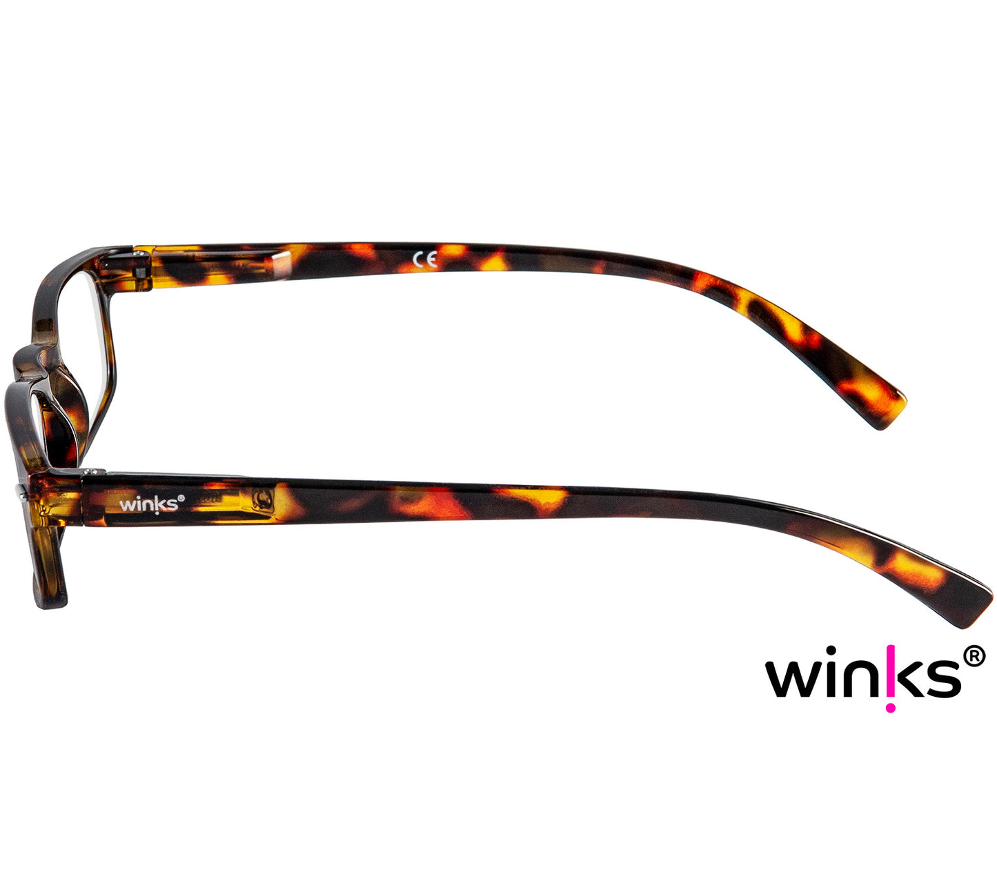 London (Tortoiseshell) classic rectangular and slim unisex reading glasses in a deep, glossy tortoiseshell finish. Side view.
