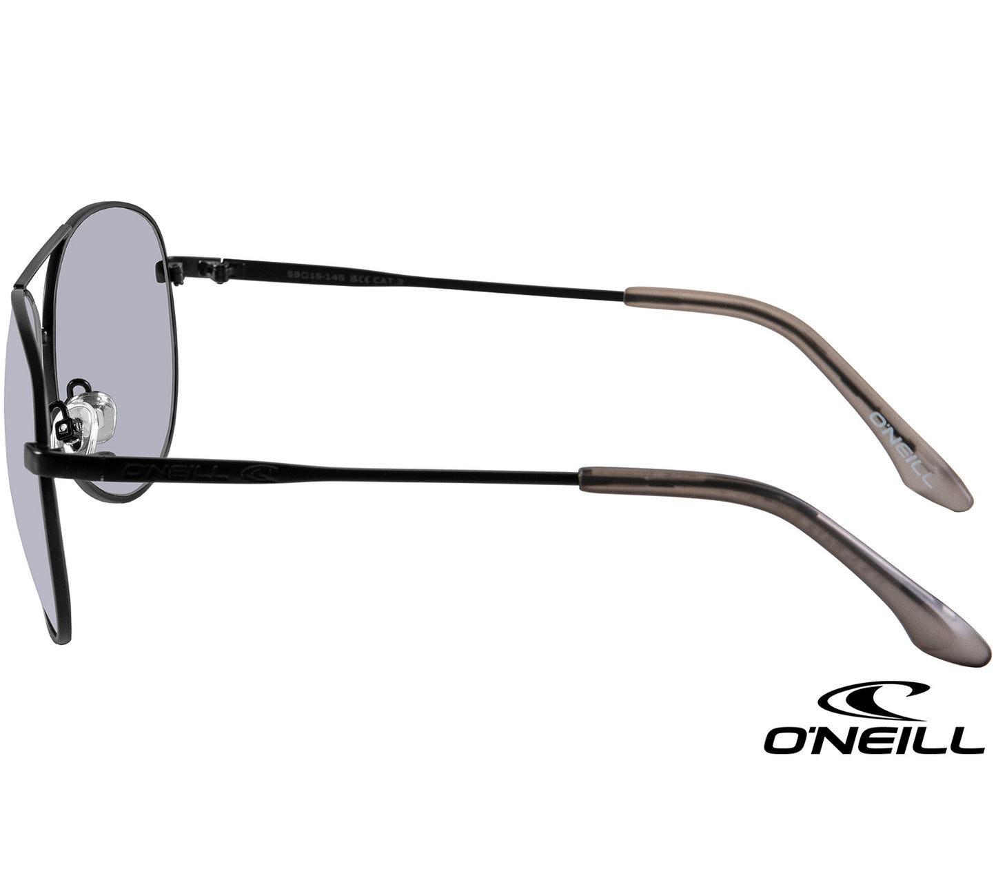 Atlas (Black) classic aviator shaped sunglasses from O'Neill. Black frames with slender arms. Smoke grey lenses. Side view.