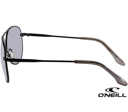 Atlas (Black) classic aviator shaped sunglasses from O'Neill. Black frames with slender arms. Smoke grey lenses. Side view.