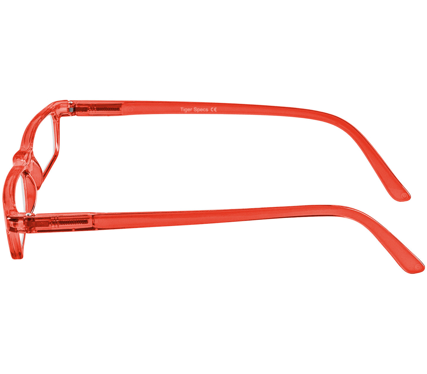Mylo (Red) classic shape, slim reading glasses with red glossy frame. Side view.