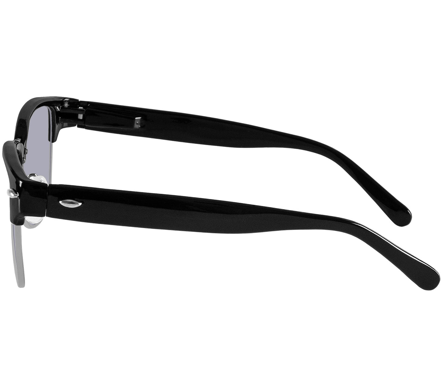 Male model wearing Mario (Black) clubmaster classic reading sunglasses with large grey tinted lenses.