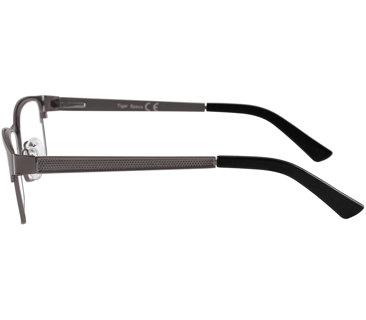 Washington (Gunmetal) rectangular classic gunmetal reading glasses. Slender frames and adjustable nose pads. Side view.