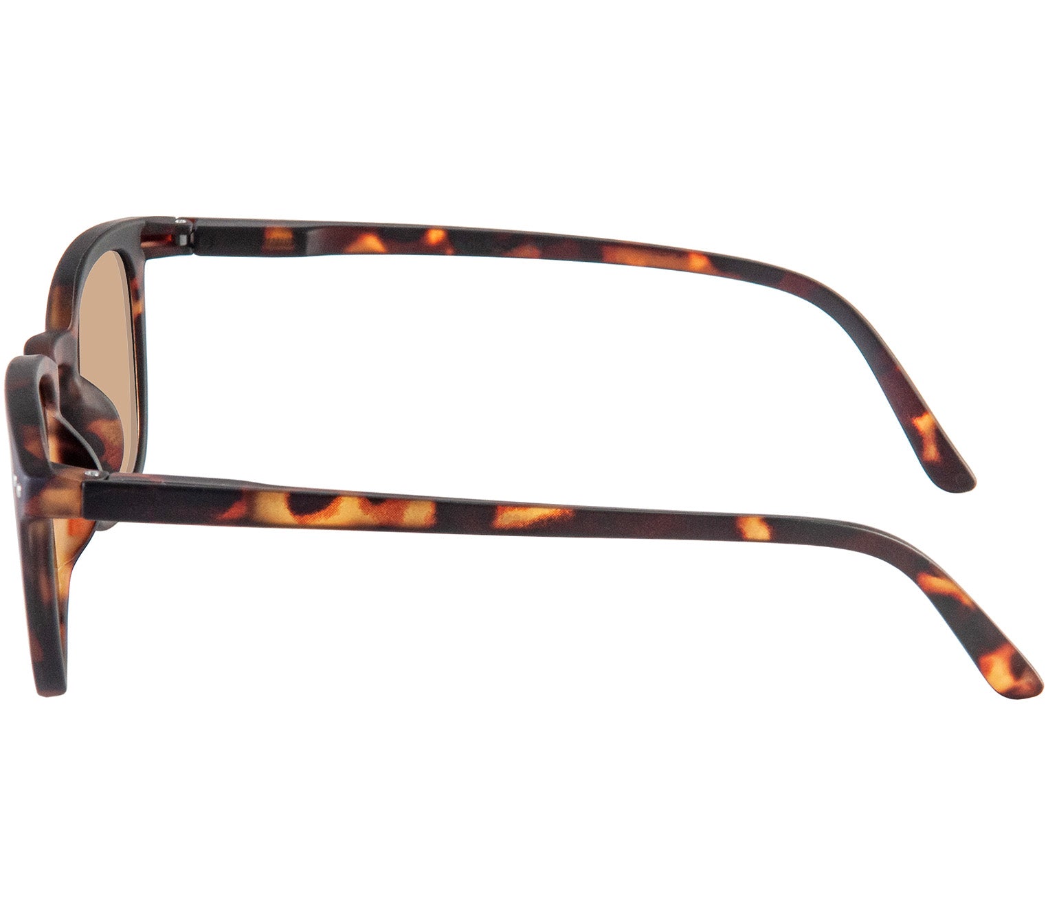 Torino (Tortoiseshell) retro tortoiseshell sunglasses with a slender and soft touch frame. Large brown lenses. Side view.