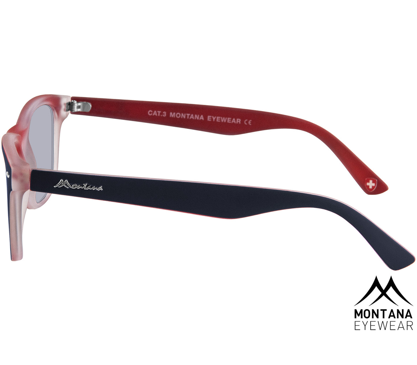 Oasis (Red) classic two tone, red and navy blue wayfarer sunglasses with large, smoke grey tinted lenses. Side view.