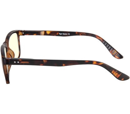 Austin (Tortoiseshell) classic shaped, unisex blue light glasses. Deep tortoiseshell frames with matt finish and rivet details. Side view.