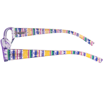 Aztec (Purple) reading glasses with aztec patterned arms and purple frame. Side view.
