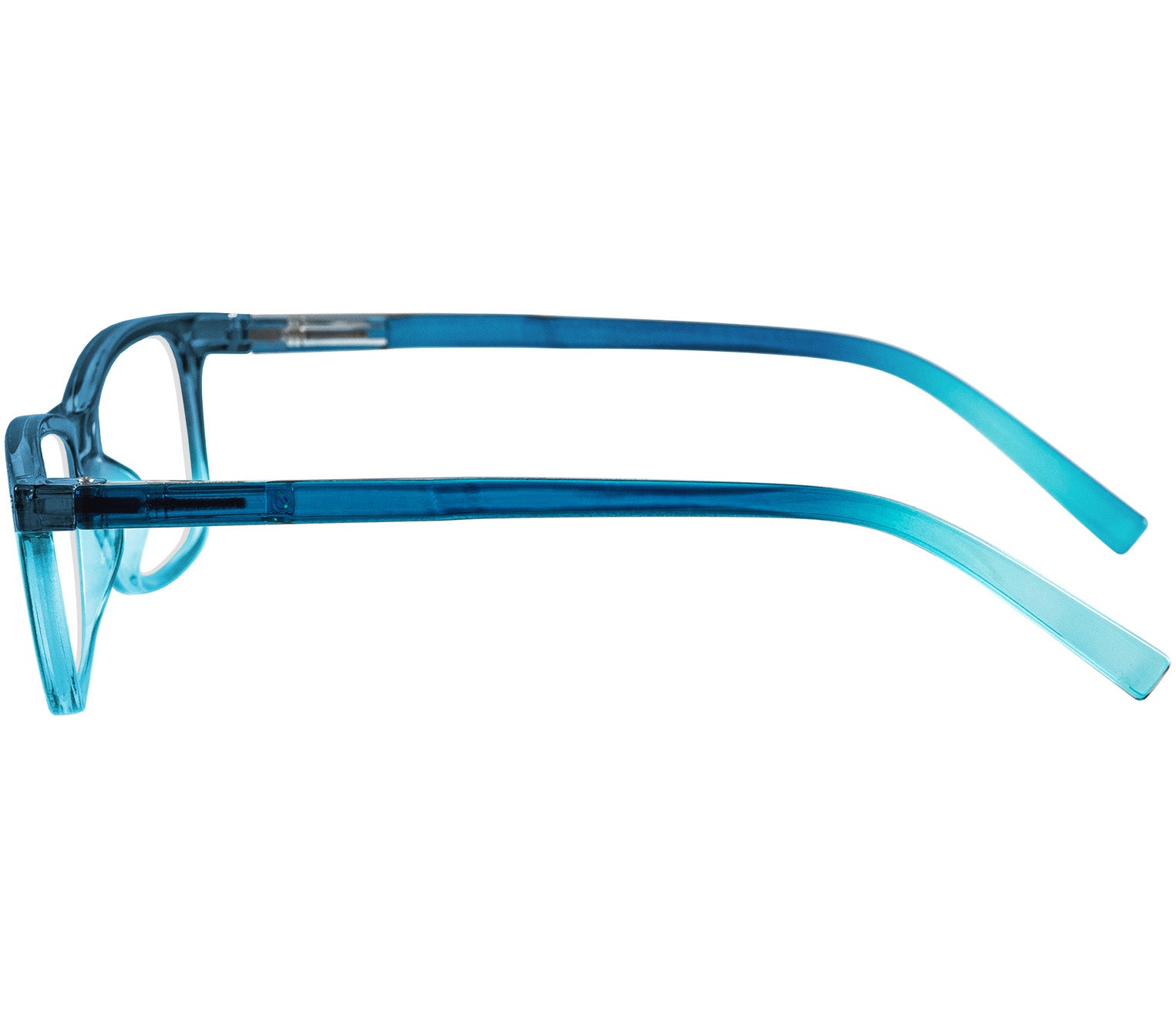 Penguin (Blue) classic vintage style, unisex reading glasses with a two tone blue frame. Side view.