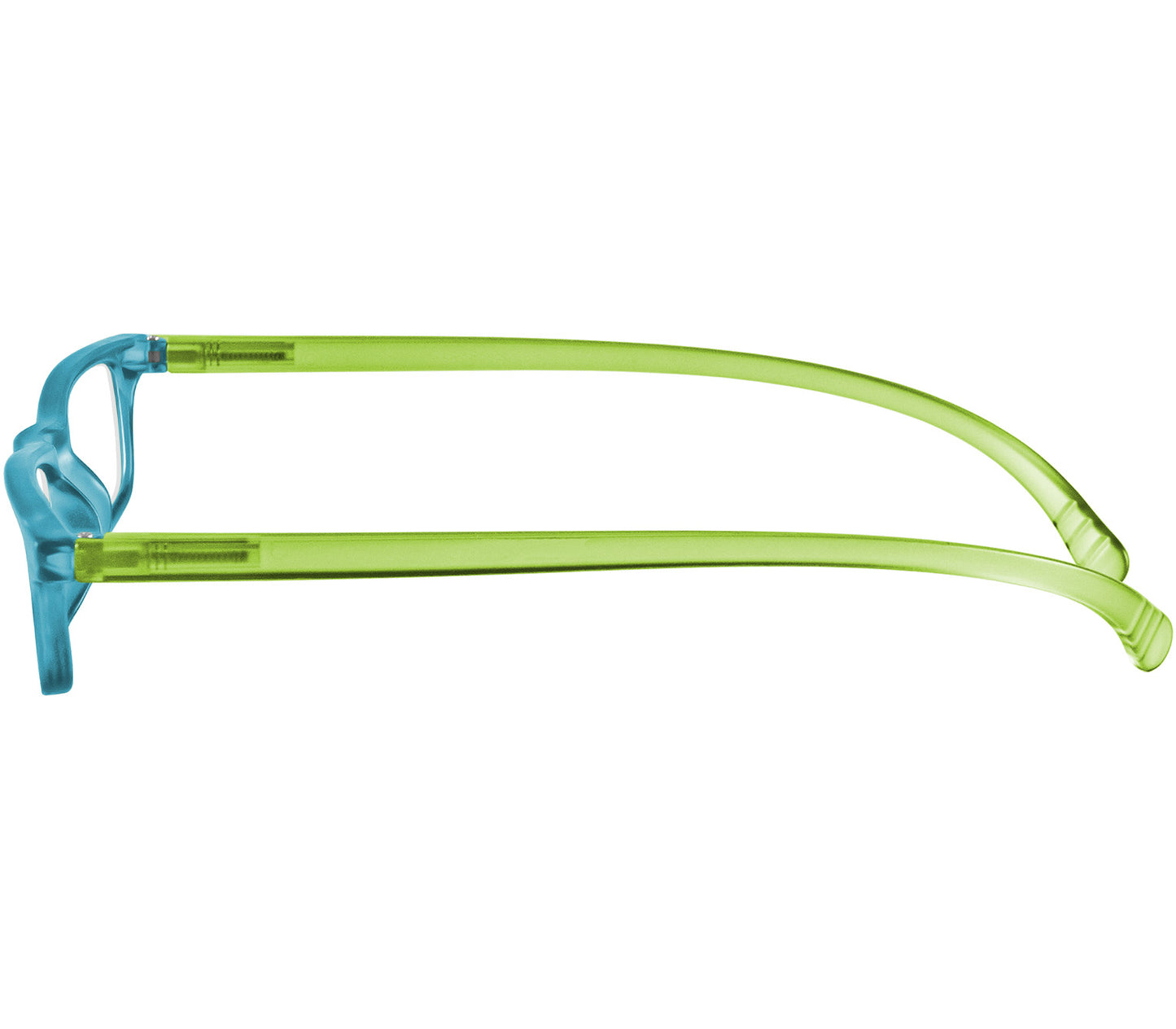 Jam (Blue) slender, rectangular unisex reading glasses with extra long arms to hang around your neck when not in use. Side view.