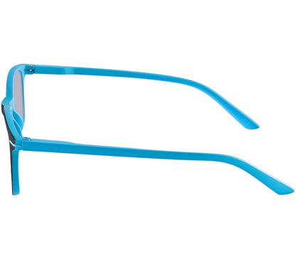 Esprit (Blue) sunglasses with two tone blue and black frames and temples. Classic shaped lenses with a smoke grey tint. Side view.
