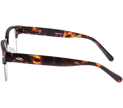 Harvard (Tortoiseshell) classic unisex clubmaster reading glasses with metal frame details and matt tortoiseshell temples. Side view.