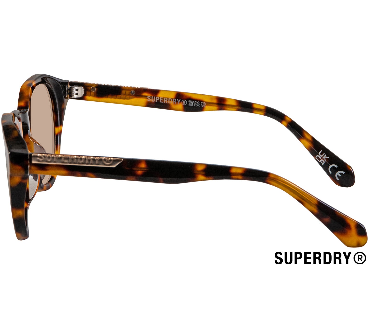 Chaos (Tortoiseshell) retro glasses by Superdry. Chunky tortoiseshell frames and brown tinted lenses. Side view.