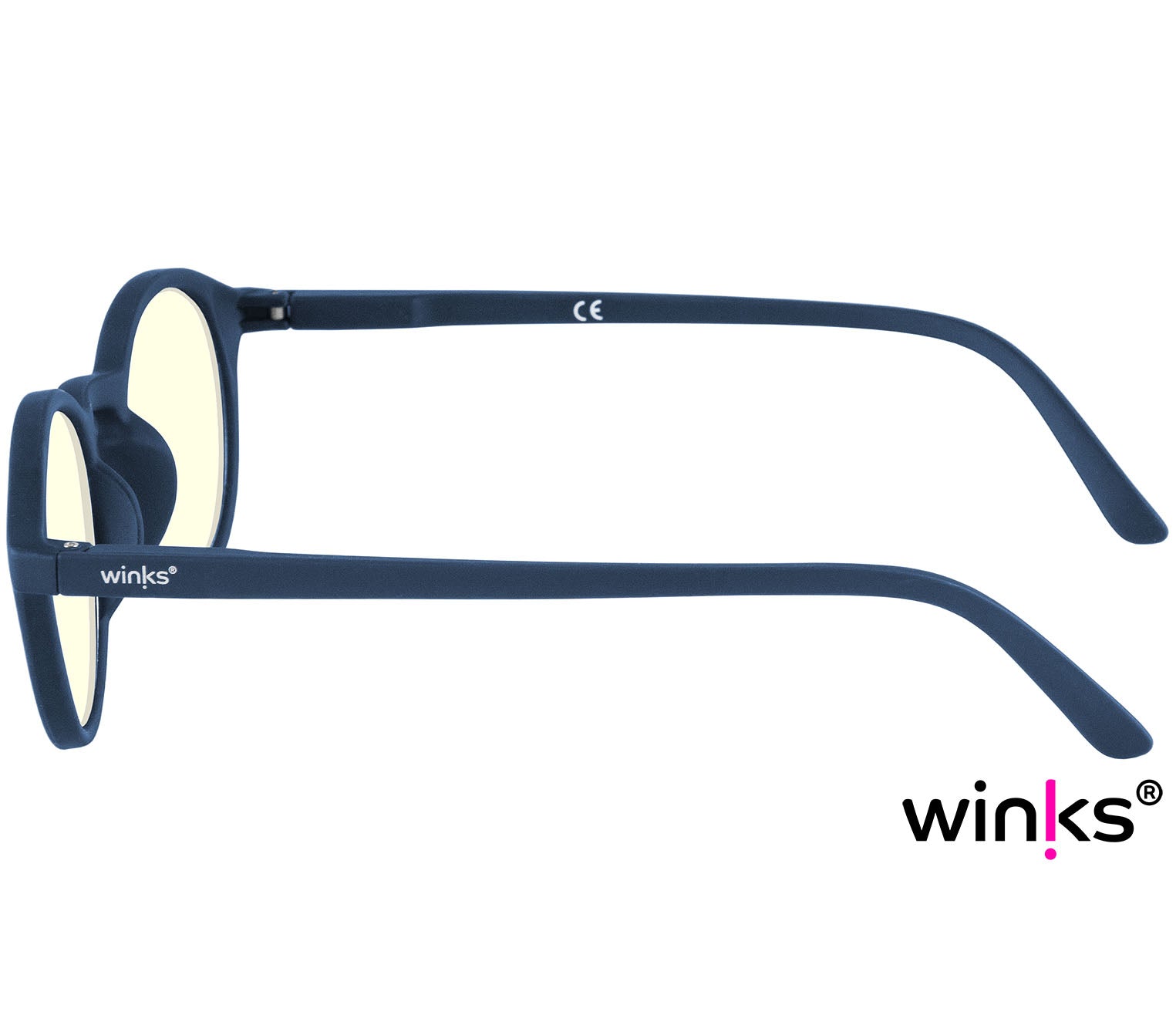 Oskar Digital (Blue) unisex reading glasses with large round blue light filtering lenses and soft touch deep blue frame. Side view.