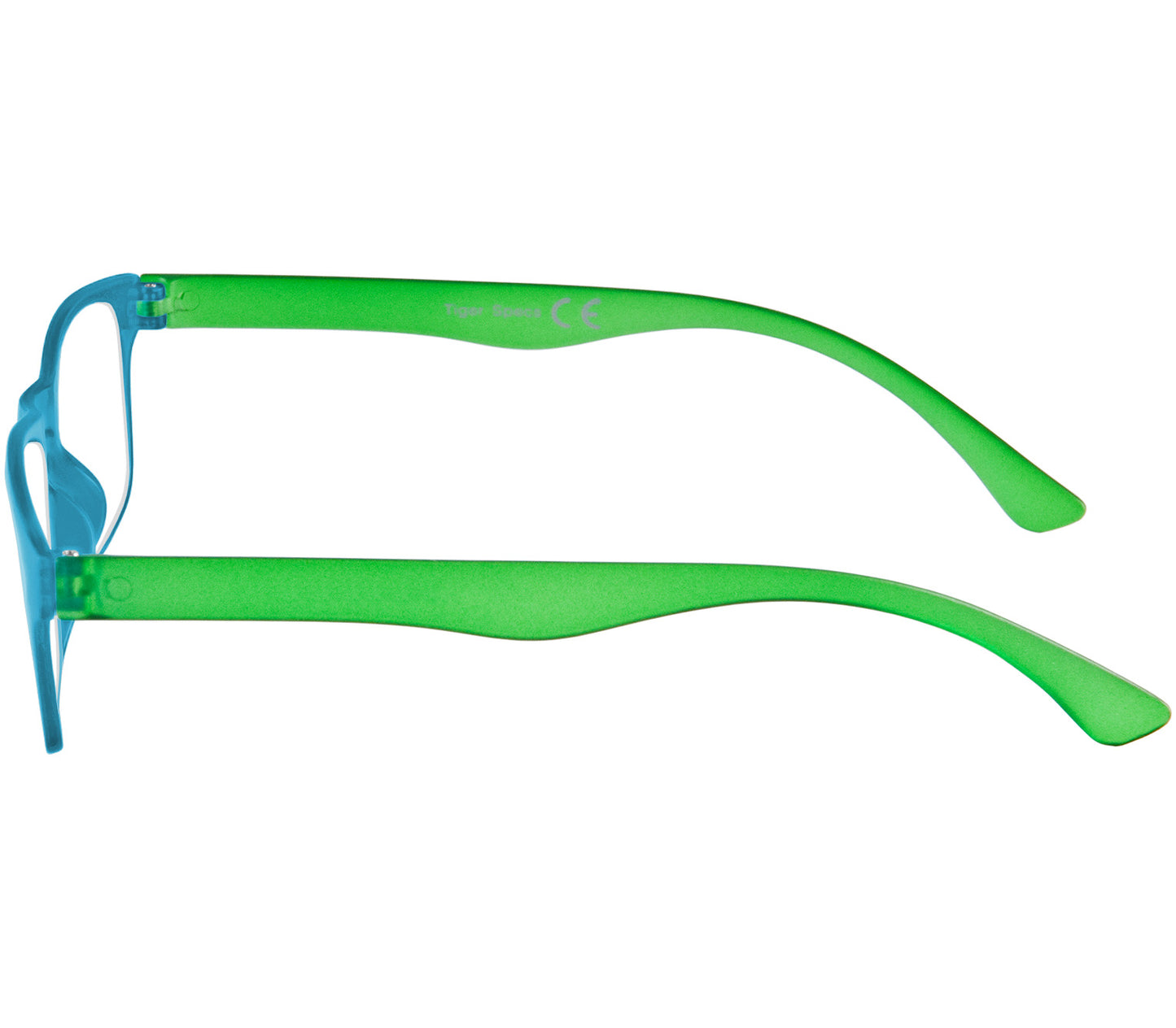 Metro (Blue) classic unisex reading glasses with oval lenses in a two tone blue and green frame. Side view.