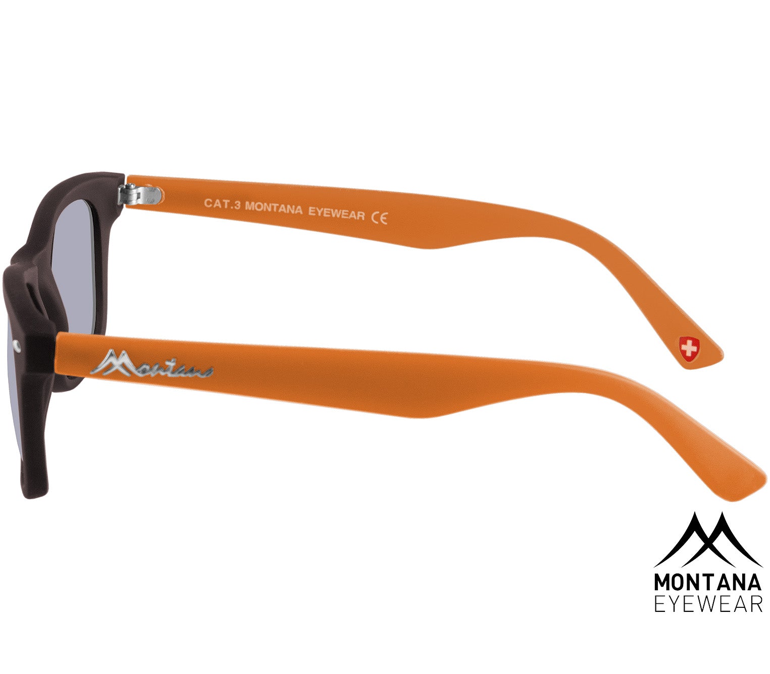 Valencia (Orange) classic wayfarer shaped sunglasses with a black and orange frame. Large oval, smoke grey lenses. Side view.