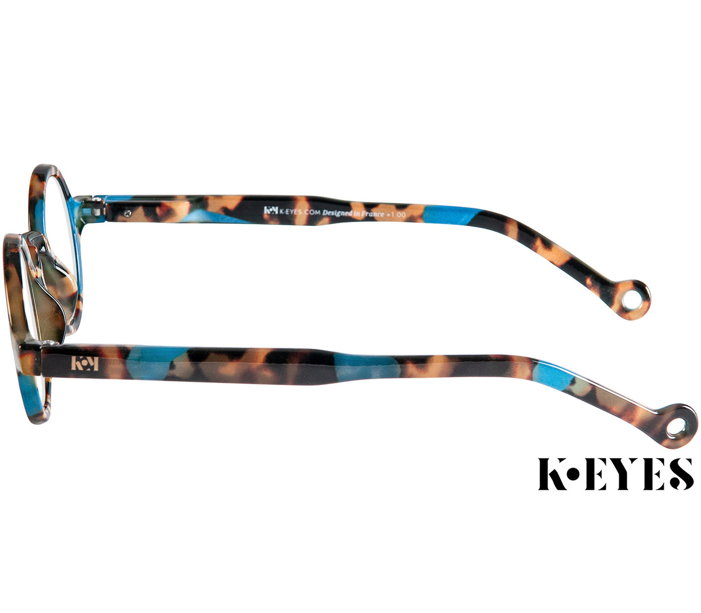 Snowball (Blue Tortoise) vintage style unisex reading glasses with round lenses and luxury blue tortoiseshell frame. Side view.