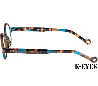 Snowball (Blue Tortoise) vintage style unisex reading glasses with round lenses and luxury blue tortoiseshell frame. Side view.