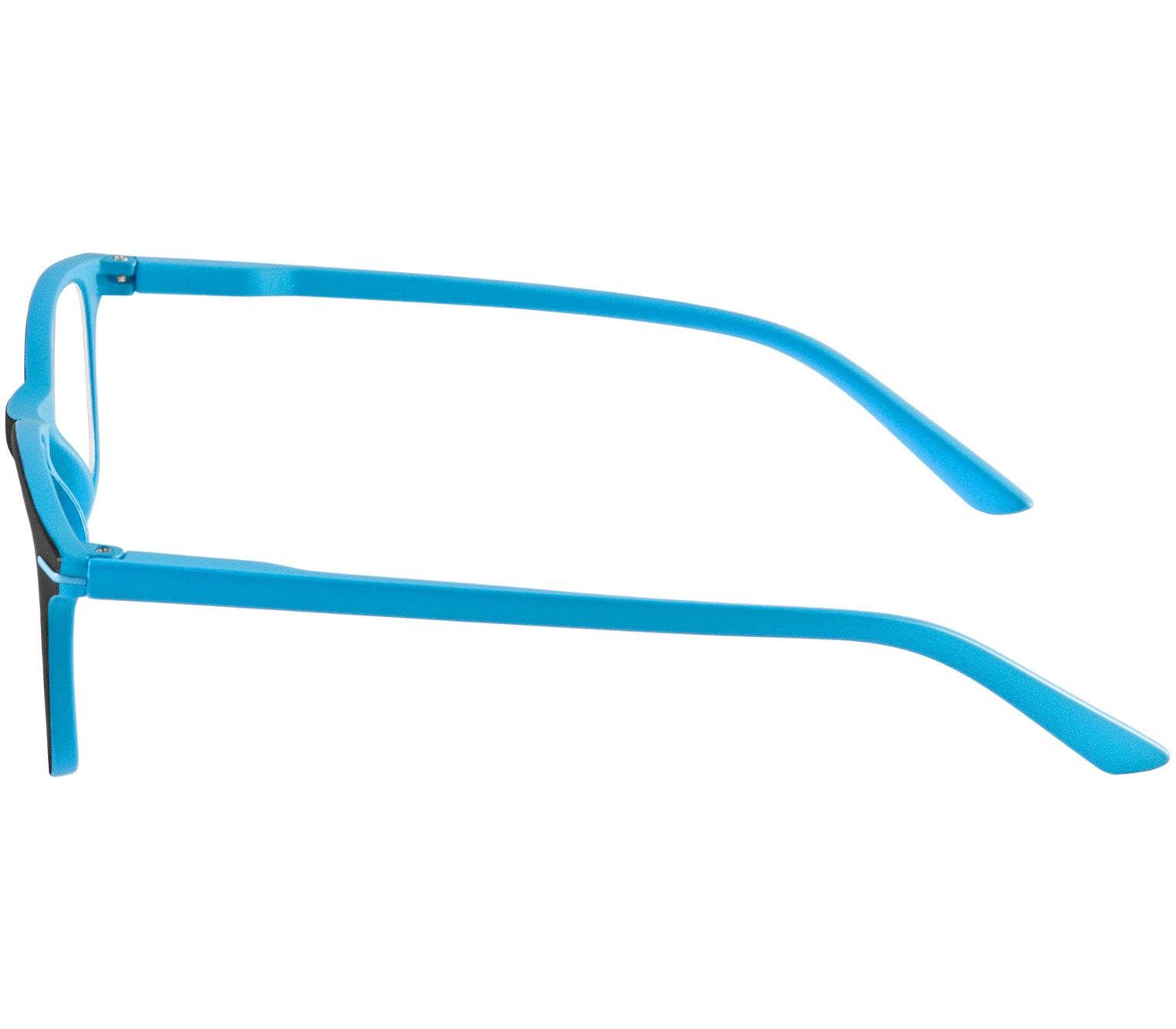 Jazz (Blue) classic shape reading glasses with rectangular lenses in a two tone blue and black frame. Side view.